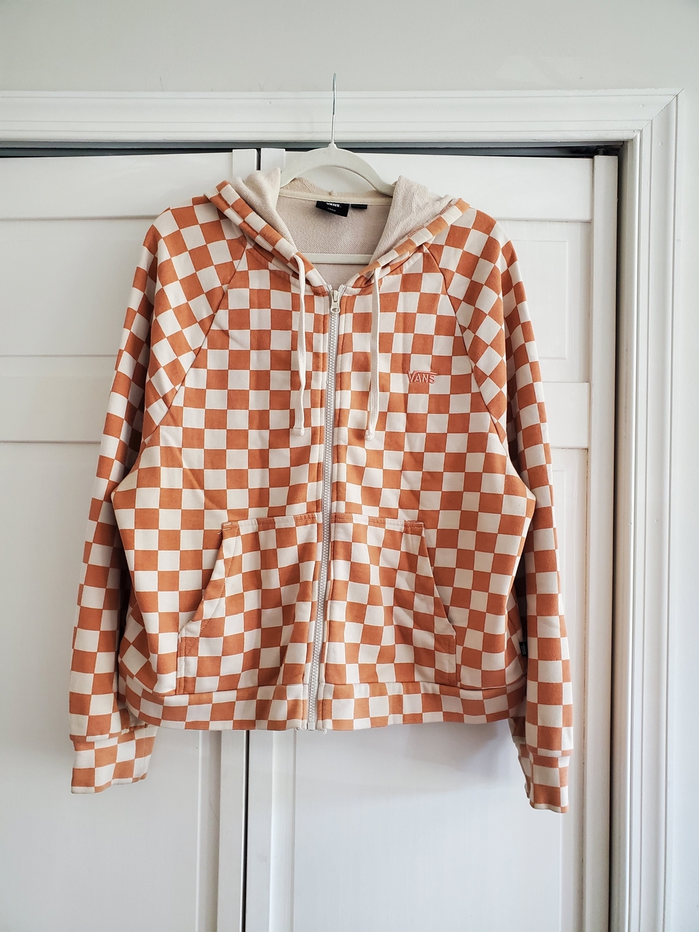Vans French Terry Hoodie Sweatshirt Orange And Cream Checkerboard Women's L